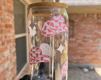 Vaso de cristal con sombrero de vaqueros rosa de 16 oz
