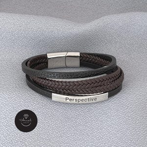 Brown Braided Leather Cuff Bracelet - Custom Engraved Silver Plate Jewelry