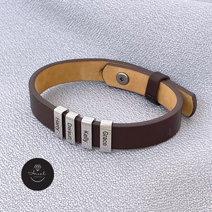 Leather Cuff Bracelet For Men - Laser Engraved Family Wristband Bracelet For Dad with Kids Names - Personalized Jewelry Gift for Grandpa
