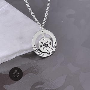 Personalized Sterling Silver Compass Necklace - Custom Coordinates Pendant on Rolo Chain
