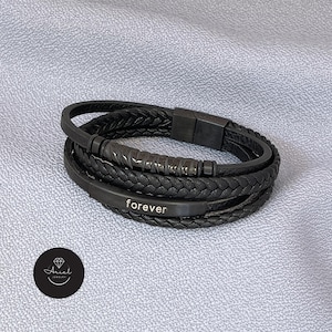 Mens Black Braided Leather Cuff Bracelet - Custom Engraved Plate With Layered Braided wristband - Personalized Jewelry Christmas Gift Idea