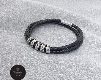 Braided Leather Bracelet with Kids Names for Dad