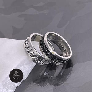 Personalized Spinning Fidget Ring - Stainless Steel Anxiety Ring with Loose Curb Chain - Engraved Ring Perfect Gift Idea For Couples