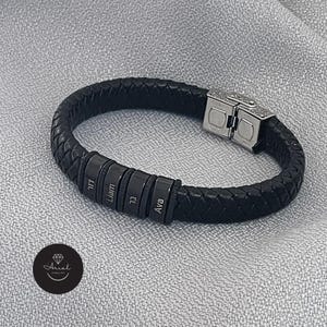 Black Braided Leather Cuff Bracelet For Men - Dad Bracelet with Kids Names - Custom Engraved Beads - Personalized Jewelry Gift For Christmas
