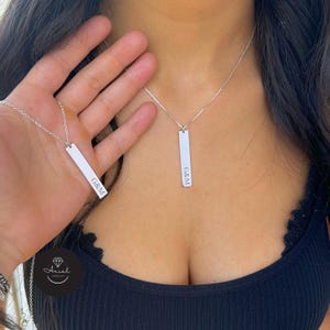 Personalized Sterling Silver Vertical Bar Necklace Set - Engraved Initial Jewelry for Couples