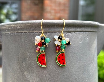 Gold Plated Palestine watermelon charm cluster earrings with Freshwater Pearls, Green Aventurine, Black Onyx, and Quartz gemstones jewelry