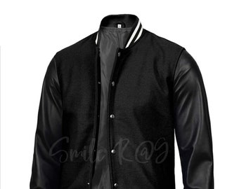 Men's Black Wool Letterman Jacket: Lambskin Leather Sleeves - Handmade Jacket