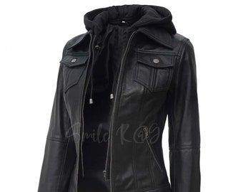 Premium-Qualität Black Bomber Damen 100% echte Lammfell-Lederjacke mit abnehmbarer Kapuze