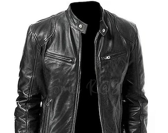 Premium Quality Black Leather Jacket Men's - Café Racer 100% Real Lambskin Leather - Fall Winter Biker Style Casual with Slim Fit