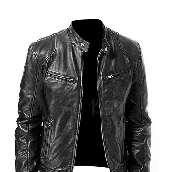 Premium Quality Black Leather Jacket Men's - Café Racer 100% Real Lambskin Leather - Fall Winter Biker Style Casual with Slim Fit