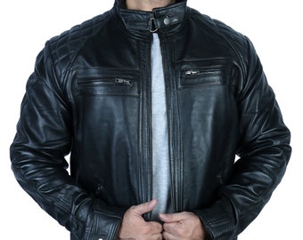 Premium Quality Black Leather Jacket Men's - Café Racer 100% Real Lambskin Leather - Biker Style with Quilted shoulders