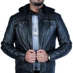 Premium Quality Black - Men's Biker Vintage Motorcycle Cafe Racer Leather Jacket with nice pattern on Chest with Hoodie - Spring/Summer