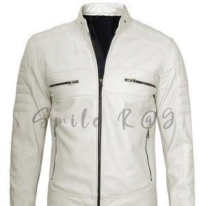 Premium Quality Austin Men Café Racer Off White Real - Men's Biker Vintage Motorcycle Racer Leather Jacket - New Arrival