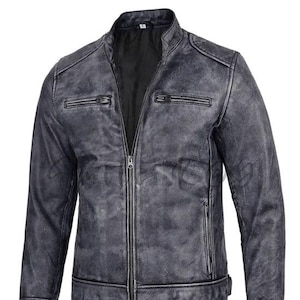 Premium Quality Men&#39;s Dodge Black with White Waxed - Men&#39;s Biker Vintage Motorcycle Distressed Café Racer Leather Jacket - Spring/Summer