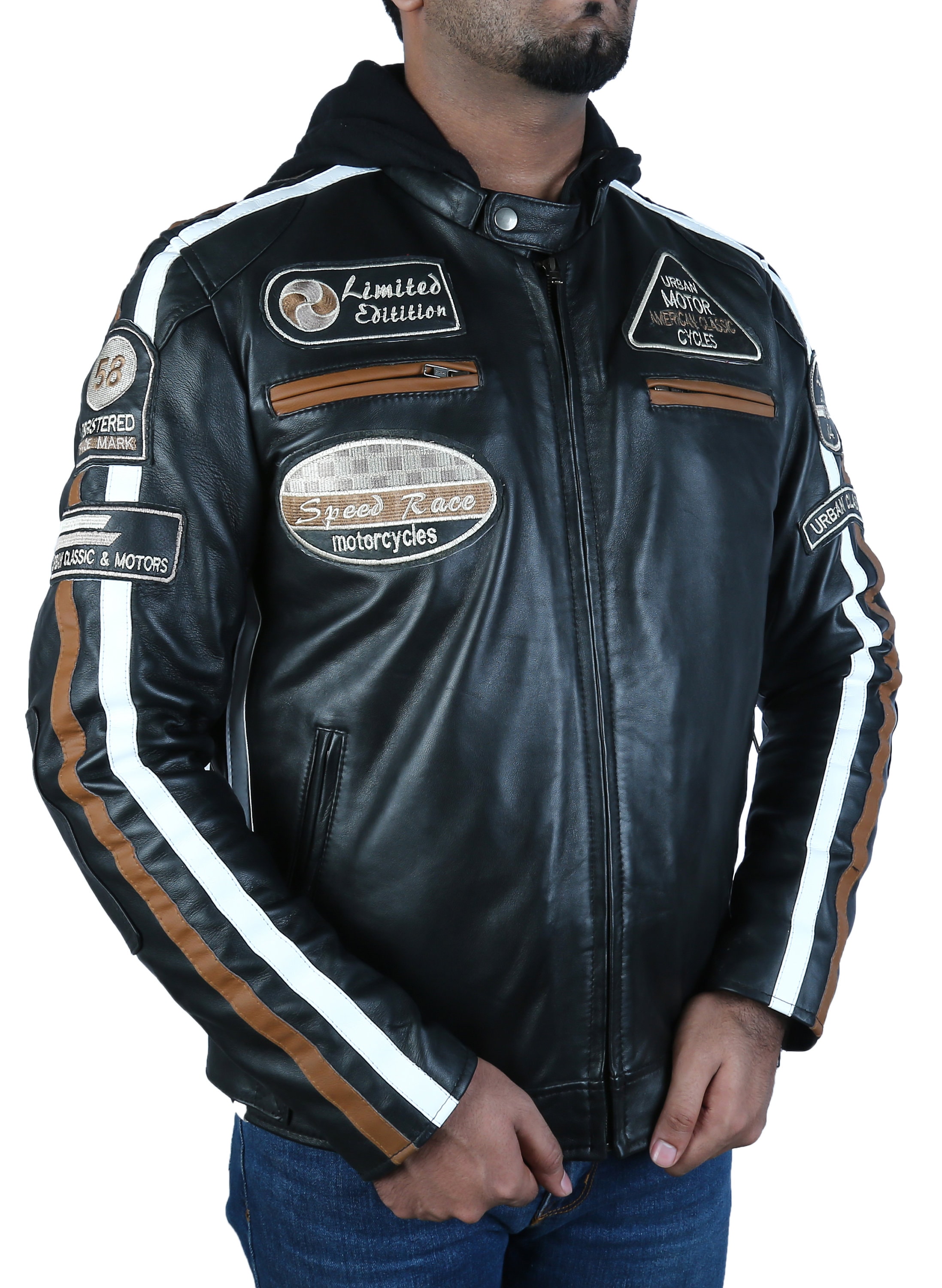 Black Lambskin Leather Motorcycle Jacket: Removable Hoodie, Racing