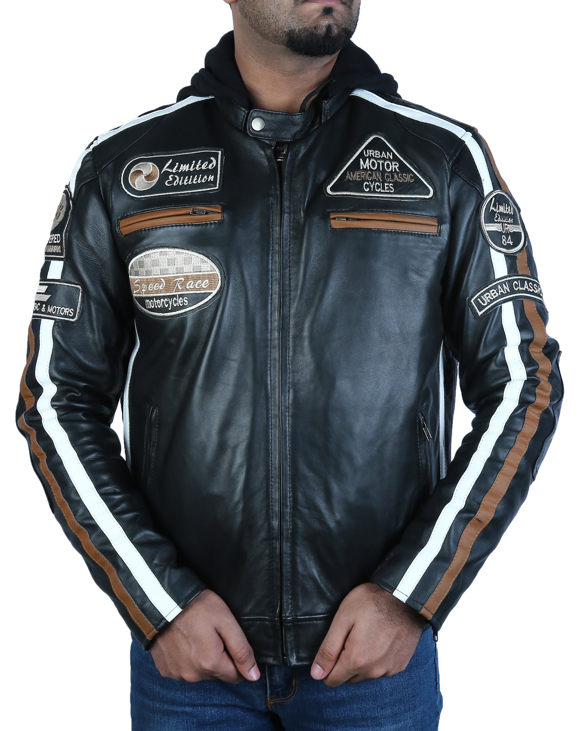 Black Lambskin Leather Motorcycle Jacket: Removable Hoodie, Racing