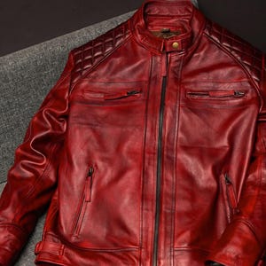 Genuine Burgundy Quilted Leather Jacket - Café Racer 100% Real Lambskin Leather - Biker Style - Best Gift for him -  Handmade Jacket