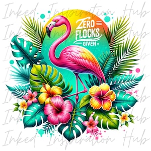 Puede incluir: Un flamenco rosa se encuentra en un entorno tropical con hojas verdes y flores coloridas. El fondo es un degradado amarillo y naranja brillante con el texto "Zero Flocks Given".