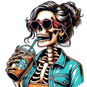 Esqueleto de mujer de moda PNG para amantes del café helado Cráneo de mamá de moda Sublimación Descarga digital