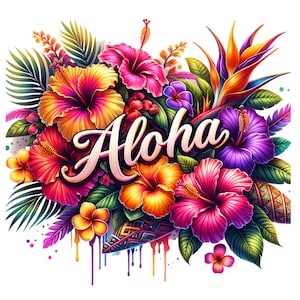 Hawaiian Aloha PNG Tropischer Hibiskus SVG Bunt Aquarell TShirt Sublimation Kaffeetasse PNG Sofort Download