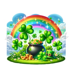 May include: A black pot filled with gold coins sits under a rainbow with shamrocks and a green leprechaun hat. The scene is set against a blue sky with white clouds.