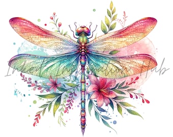Scrapbook Dragonfly Insect PNGs Watercolor Floral Art Instant Download Sublimation Design Set of 4