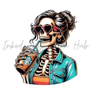 Trendy Woman Skeleton PNG for Iced Coffee Lovers Fashionable Mom Skull Sublimation Digital Download