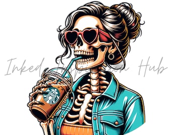 Esqueleto de mujer moderno PNG para amantes del café helado. Calavera de mamá a la moda para sublimación. Descarga digital.