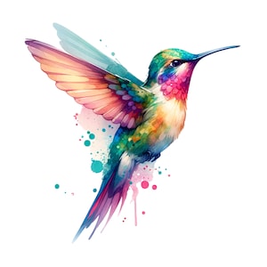May include: A colorful hummingbird with green, blue, pink, and yellow feathers is flying against a white background with watercolor splatters.