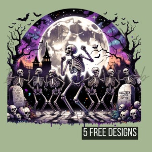 May include: A Halloween-themed illustration features dancing skeletons in front of a full moon, with bats, trees, and tombstones. The scene is set in a graveyard with a purple and black color scheme. The text "5 FREE DESIGNS" is at the bottom.