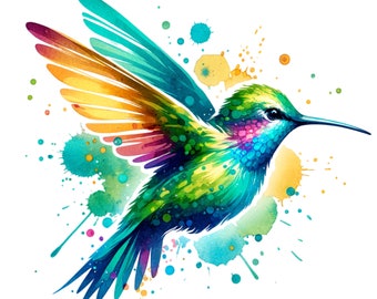 Beautiful Hummingbird Clipart with Watercolor Wildflowers - Transparent PNG Digital Art - Sublimation Design