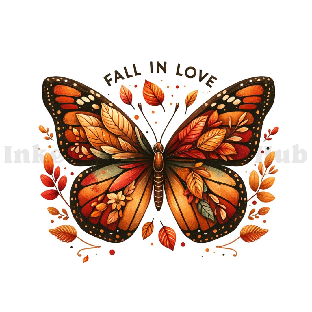 Fall in Love Butterfly PNG Fall Leaves PNG Seasonal Sublimation Design ...