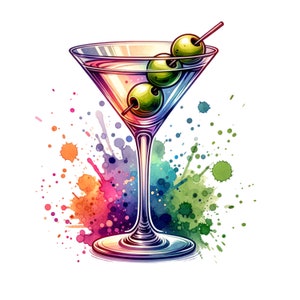 Dirty Martini Glass Olive PNG 2PC Bundle Clipart Watercolor Sublimation Design Printable Wall Art