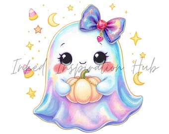 Kawaii Iridescent Ghost PNG Clipart Pastel Halloween Sublimation Design