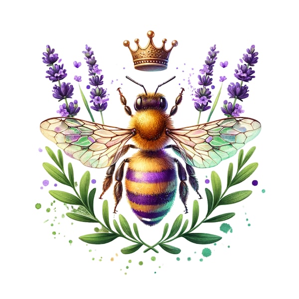 Queen Bee SVG, Spring Lavender Clipart, Watercolor Sublimation Design, Instant Download