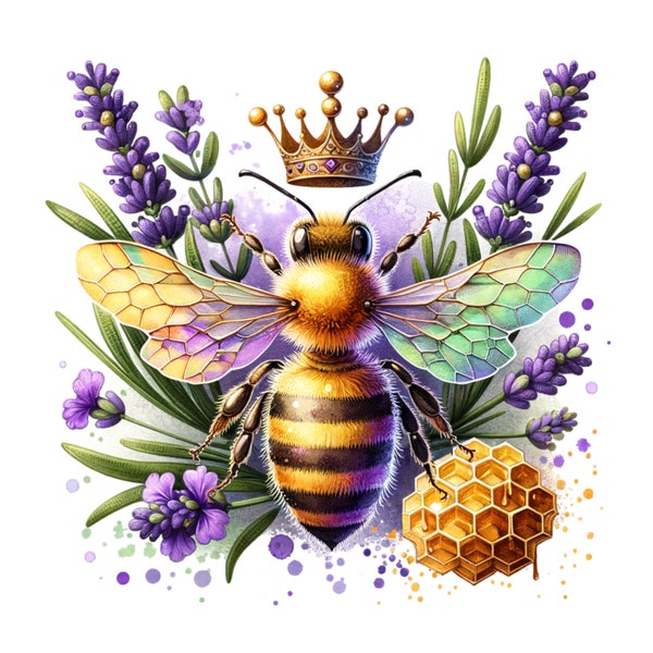 Queen Bee Honeycomb SVG, Spring Lavender Clipart, Watercolor Sublimation Design, Instant Download