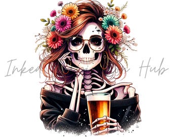 Skeleton Woman Wildflower PNG Beer Drinking Sublimation Design Instant Download