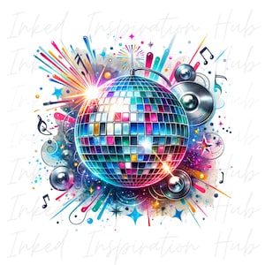 May include: A colorful disco ball with a silver mirrored surface surrounded by musical notes, fireworks, and stars against a watercolor background.