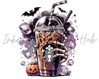 Spooky Season Iced Coffee Skeleton Shirt Sublimation Design Instant Download