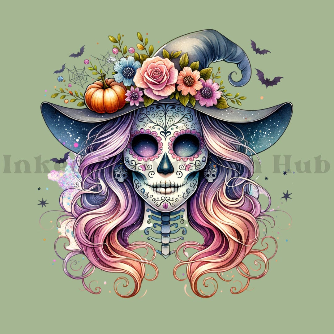 Witch Sugar Skull Halloween PNG Pastel Skeleton Wildflower Sublimation ...