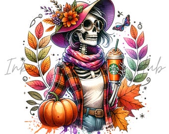 Scheletro retrò di Halloween in formato PNG, design autunnale con zucca e latte (download digitale)