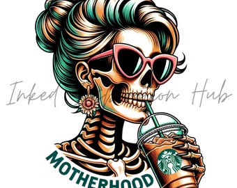 Café helado de mamá esqueleto PNG, diseño de calavera de maternidad (descarga digital)