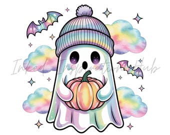Clipart chauve-souris irisé kawaii : fantôme d'Halloween pastel, motif citrouille (téléchargement numérique