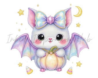 Kawaii Iridescent Bat Clipart Pastel Halloween Ghost PNG Design