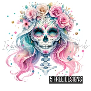 Tête de mort en sucre femme PNG avec sublimation squelette de fleurs sauvages pastel, sublimation de tasse à café avec crâne de maman