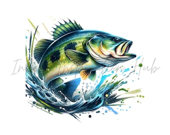 Bass Fish PNG  Bass Jumping Fish Watercolor Clipart Digital Sublimation Design Instant Download
