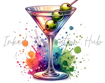 Watercolor Martini Glass Clipart, Olive Drink PNG Bundle (Digital Download)