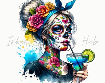 Day Of The Dead PNG Skeleton Drinking Margarita Tshirt Sublimation Design Digital Download