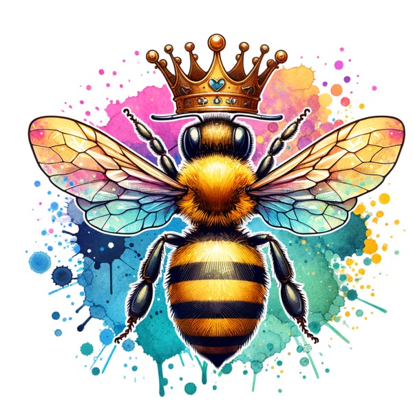 Colorful Queen Bee SVG, Spring Clipart, Watercolor Sublimation Design, Instant Download