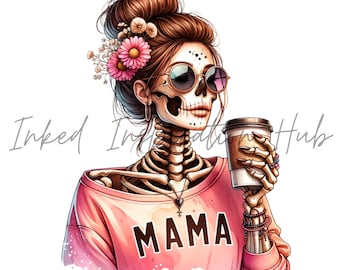 Skeleton Mama PNG, Coffee Lover Sublimation Design, Floral Skull Mom Graphic Download